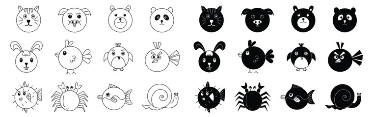 Simple cute animal pictures - tiger, bear, cat, panda, rabbit, pig, bird, fish, crab, shellfish. Suitable for children's clothing design. Hand drawn vector illustration for posters, cards, t-shirts.