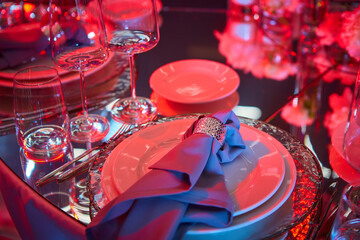 Table setup in red light. Ready to event. Shallow dof