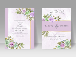 Fototapeta na wymiar Soft green and Purple Rose wedding invitation