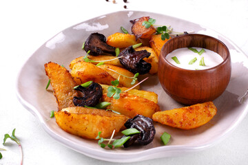 Roasted potato wedges with mushrooms and spices served with yogurt sauce topped with microgreen. Hot meal