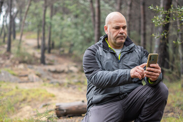 Hiker man using phone in lonely forest.