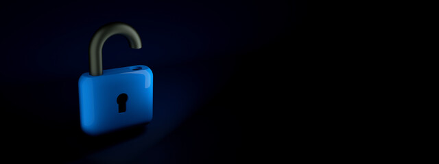 Open blue lock over black background, 3d rendering, panoramic layout