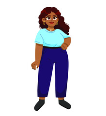 Happy modern young african american  woman standing  smiling
The concept of body positivity and love for your body. Vector stock flat illustration isolated on a white background. 
