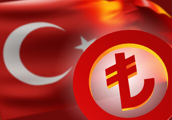 Fototapeta premium Lira logo on the Turkish flag background. National currency of Turkey. Turkish lira on red background. Currency market of Turkey. Quotes of the lira. Currencies of the world countries. 3d image