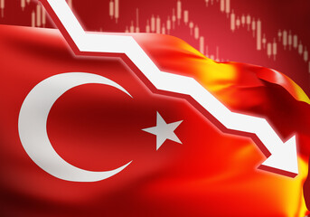 Turkey Financial crisis. Turkish currency fall. Devaluation of the Turkish lira. Down arrow on the background of the Turkish flag. Financial collapse in Turkey. Turkey stock market fall. 3d image