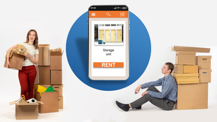 Storage unit rent using a smartphone. Rent a warehouse in a mobile application. The central image...