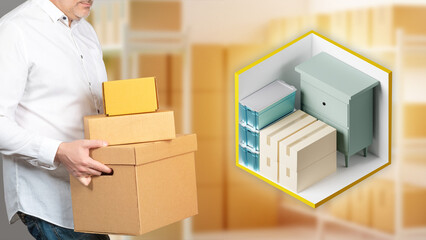 Storage units for business. Warehouse business. Businessman with cardboard boxes in his hands. Storage container. Renting places for storage. Storehouse units with furniture and containers. 3d image