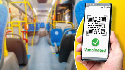 QR code in transport. QR code during the Covid-19. Smartphone with QR code. Vaccination mark on the...