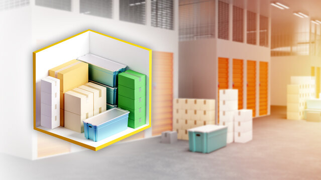 Self-storage unit with goods. Background of warehouse corridor with individual storage compartments. Rent of warehouse space. Storage rooms with doors and locks. Business of storing things. 3d image