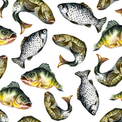 pattern, seamless texture with fish for the angler. On a white background. Watercolor illustration.