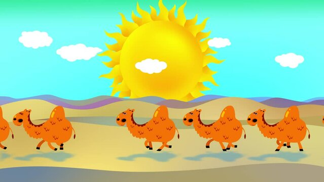 Cartoon dromedary camels walking through desert.. Sun, sand. Children looping animation 