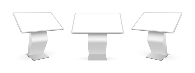 Service Interactive Digital Signage, Front and Side View. Information Touch Screen Kiosk Isolated on White Background. Vector Illustration