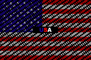 Hacker United States (USA). Digital USA flag and a binary background cybersecurity concept with 0 and 1. Computer hacker United States. Tricolor background from a binary code, cyber threat.