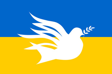 Dove of peace on the background of the Ukrainian flag. Symbol of peace and freedom. Stop World War. 