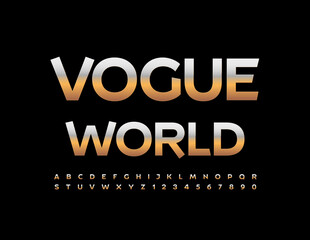 Vector chic template Vogue World. Golden metallic Alphabet Letters, Numbers and Symbols set. Elegant style Font