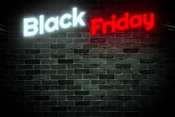Fototapeta na wymiar Black Friday sale neon banner on brick wall background with copy space, makerting signboard.