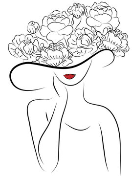 recommend clip art: Silhouette of a girl in a hat made of peonies. One line art