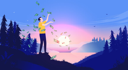 Rich man - Happy person throwing money in air alone in nature landscape. Rich and financial freedom concept. Vector illustration with copy space for text © Knut