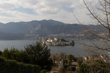 the Island of San Giulio and Lake Orta seen from the ascent to Sacro Monte