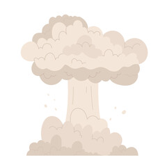 Nuclear mushroom. Cloud after bomb explosion. Huge explosion of atomic bomb, dynamite detonator. Dust smoke cloud after blast. Vector illustration in cartoon style. Isolated on white background.