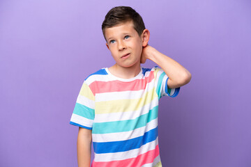 Little boy isolated on purple background having doubts