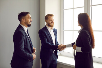Business partnership.Happy business people shake hands in agreement and end successful meeting in...