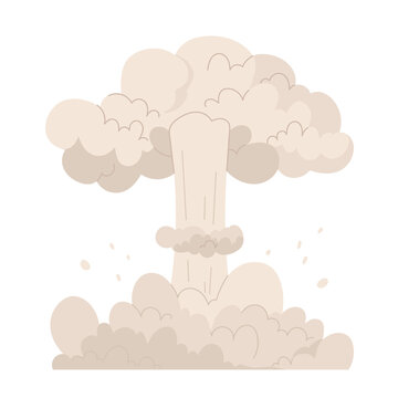 Nuclear mushroom. Cloud after bomb explosion. Huge explosion of atomic bomb, dynamite detonator. Dust smoke cloud after blast. Vector illustration in cartoon style. Isolated on white background.