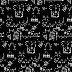Nuclear physics. Scientific knowledge, formulas. Vintage education and scientific seamless pattern.  Vector hand-drawn illustration on chalkboard.