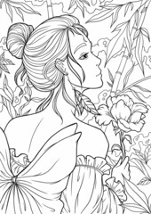 Young beautiful girl with long hair in garden. Flowers. Outline hand drawing coloring page for adult coloring book. Stock line vector illustration. Outline drawing.