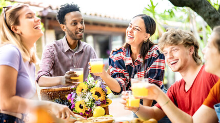 Happy guys and girls toasting healthy orange fruit juice at farm house picnic - Life style concept with multicultural friends having fun together on afternoon relax time - Bright warm filter - 495263547