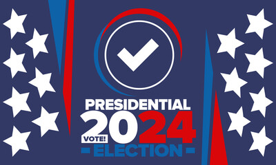 Presidential Election 2024 in United States. Vote day, November 5. US Election campaign. Make your choice! Patriotic american vector illustration. Poster, card, banner and background
