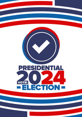 Obraz premium Presidential Election 2024 in United States. Vote day, November 5. US Election campaign. Make your choice! Patriotic american vector illustration. Poster, card, banner and background