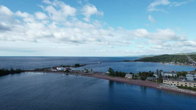 Drone shot of the harbor in Grand Marais in the summer on a sunny day