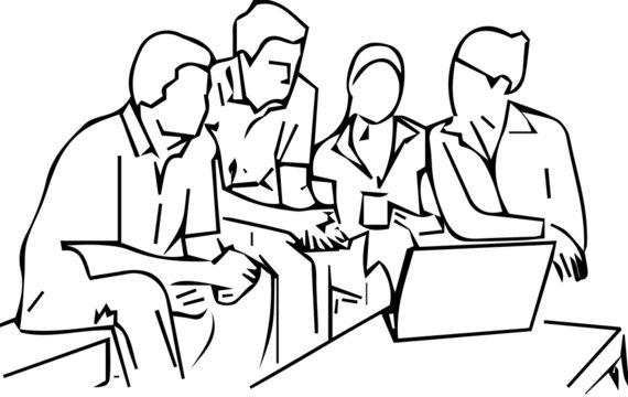 
line art illustration of professional people doing meeting with laptop, Outline silhouette of office people doing meeting