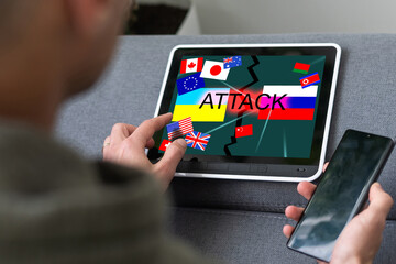 country flags and Ukrainian and Russian flag on the tablet