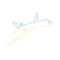 flying plane yellow-blue color of the national flag of Ukraine. Line art aircraft design.