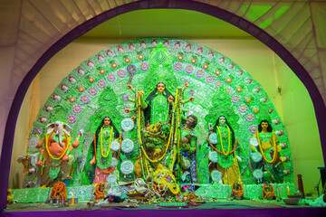 KOLKATA , INDIA - OCTOBER 21, 2015 : Beautiful interior of decorated Durga Puja pandal, at Kolkata,...