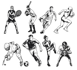 Set of illustrations of isolated players - soccer, football, basketball, baseball, tennis, ice hockey and fighting.