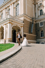 Happy wedding photography of bride and groom at wedding day.