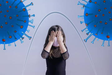 Covid-19 virus and excellent immunity concept. Little caucasian girl in a mask against the virus....