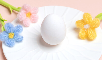 Easter minimal banner with white egg, knitted color flowers on white plate on pastel pink backdrop.