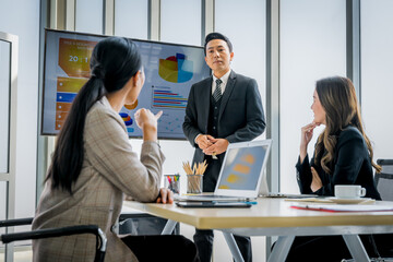 new business group Asians are meeting with determination and seriousness in company conference room. The idea is Finance, Marketing, Accounting.