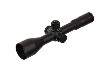 Modern black optical sight. Optical device for aiming at long distances. Isolate on a white back