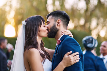 This is how they communicate their love. Cropped shot of an affectionate young newlywed couple kissing passionately on their wedding day with their guests in the background.