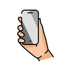 Hands holding phone color line icon. Pictogram for web page