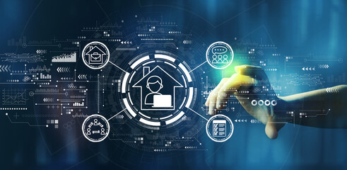 Remote Work theme with hand pressing a button on a technology screen