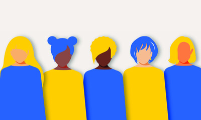 Women of different nationalities and religions stand together. Design in blue and yellow paper cut style. Mother's Day or Women's Day. Women's struggle for equal rights. vector