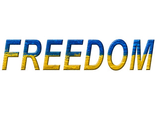 word Freedom with Ukrainian flag painted on wall