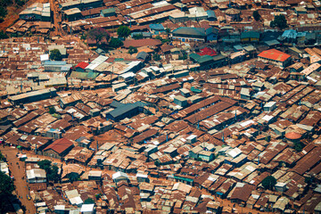 Aerial view of corrugated iron huts at the Nairobi downtown Kibera slum neighborhood, Nairobi, Kenya, East Africa, one of the largest slums in Africa - obrazy, fototapety, plakaty