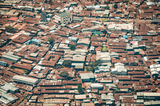 Aerial view of corrugated iron huts at the Nairobi downtown Kibera slum neighborhood, Nairobi, Kenya, East Africa, one of the largest slums in Africa